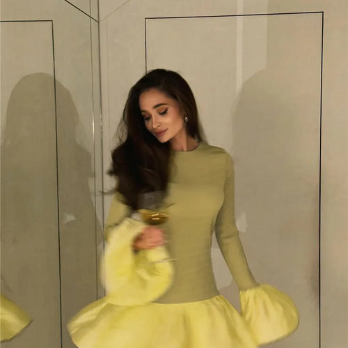 Load image into Gallery viewer, Long Flare Sleeve Knitted Sexy Mini Dress For Women Autumn Winter New Patchwork O Neck A-line Knit Puffy Dress Elegant
