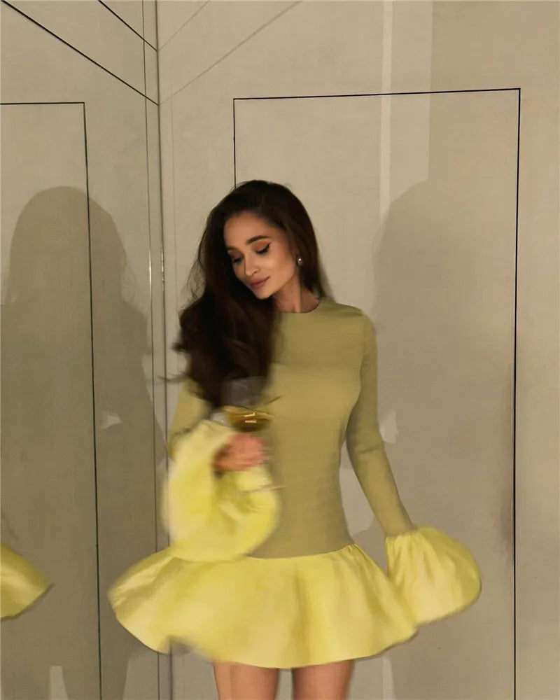 Long Flare Sleeve Knitted Sexy Mini Dress For Women Autumn Winter New Patchwork O Neck A-line Knit Puffy Dress Elegant