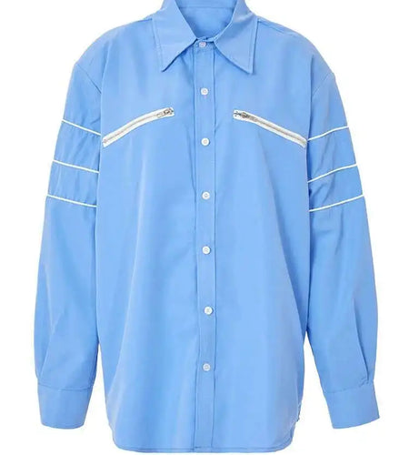 Women Blue Zipper Color-block Big Size Blouse New Lapel Long Sleeve Loose Fit Shirt Fashion Spring Autumn 2025 1DF8121