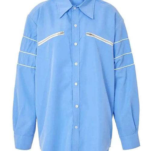 Load image into Gallery viewer, Women Blue Zipper Color-block Big Size Blouse New Lapel Long Sleeve Loose Fit Shirt Fashion Spring Autumn 2025 1DF8121
