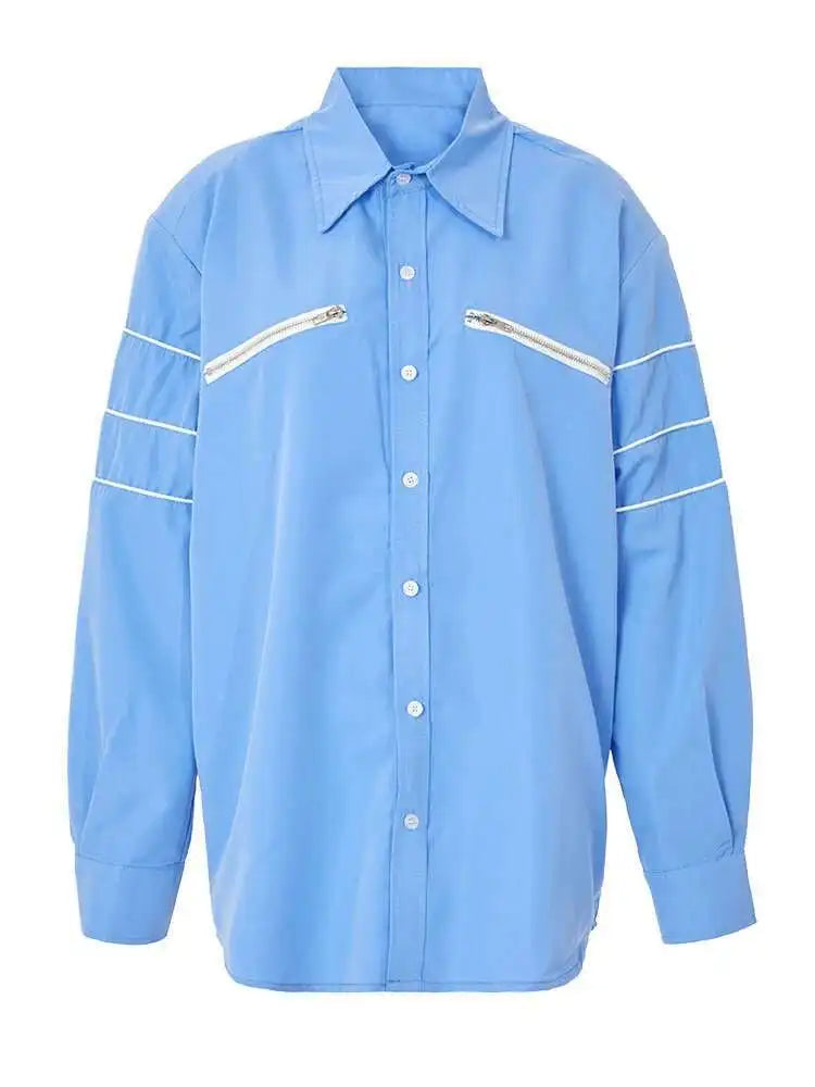 Women Blue Zipper Color-block Big Size Blouse New Lapel Long Sleeve Loose Fit Shirt Fashion Spring Autumn 2025 1DF8121