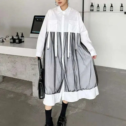 Load image into Gallery viewer, Women White Mesh Ribbons Pocket Big Size Midi Shirt Dress New Lapel Long Sleeve Fashion Tide Spring Autumn 2025 1DH8647
