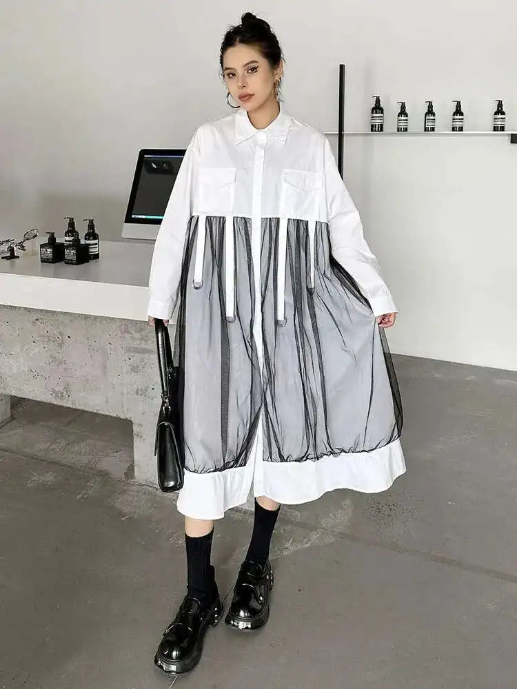 Women White Mesh Ribbons Pocket Big Size Midi Shirt Dress New Lapel Long Sleeve Fashion Tide Spring Autumn 2025 1DH8647