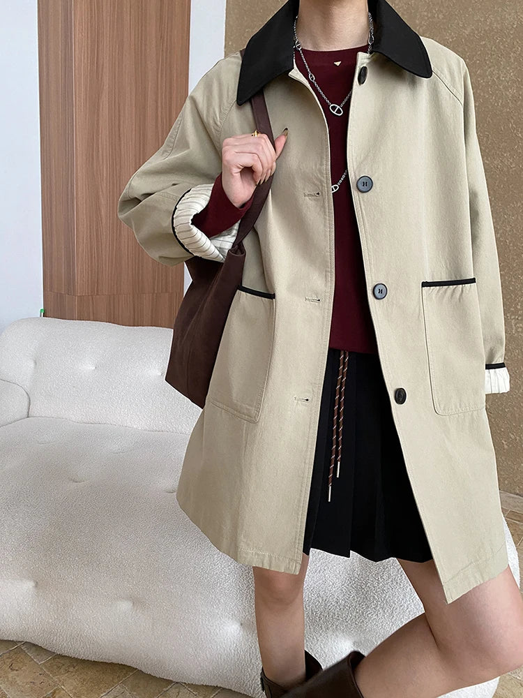 Women Khaki Color-block Big Size Casual Trench New Lapel Long Sleeve Windbreaker Fashion Tide Spring Autumn 2025 1DH7514