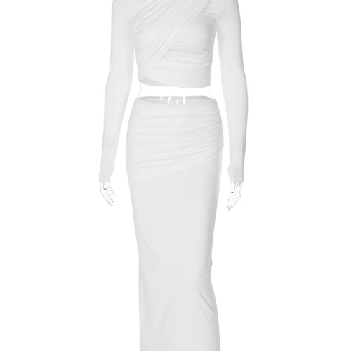 Load image into Gallery viewer, Elegant 2 Pcs Sets Solid Long Sleeve Ruched Sexy Crop T-Shirt Top Maxi Skirt Fall Women Clothes Birthday Party Festival
