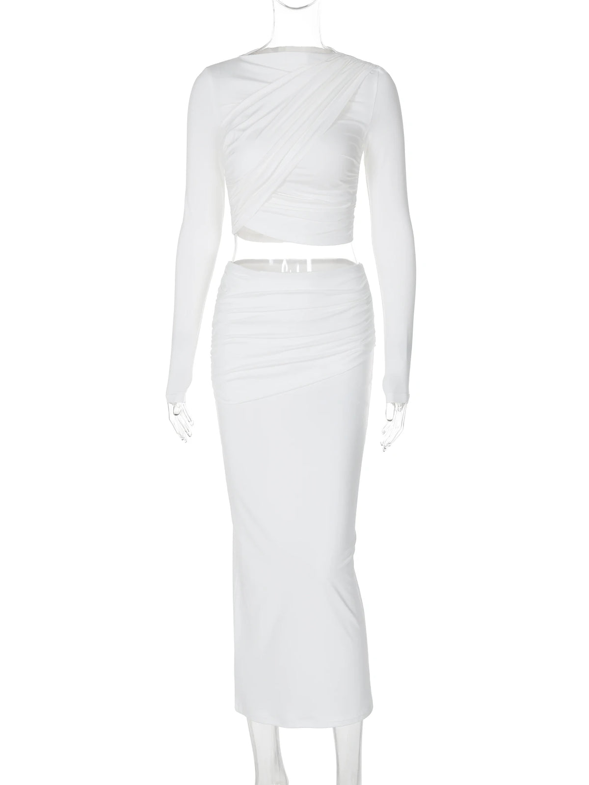 Elegant 2 Pcs Sets Solid Long Sleeve Ruched Sexy Crop T-Shirt Top Maxi Skirt Fall Women Clothes Birthday Party Festival