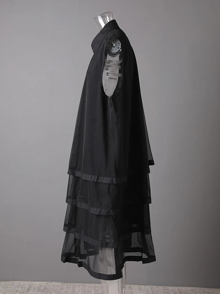 Women Black Layers Mesh Big Size Midi Vest Shirt Dress New Lapel Sleeveless Fashion Tide Spring Summer 2025 1DH9472
