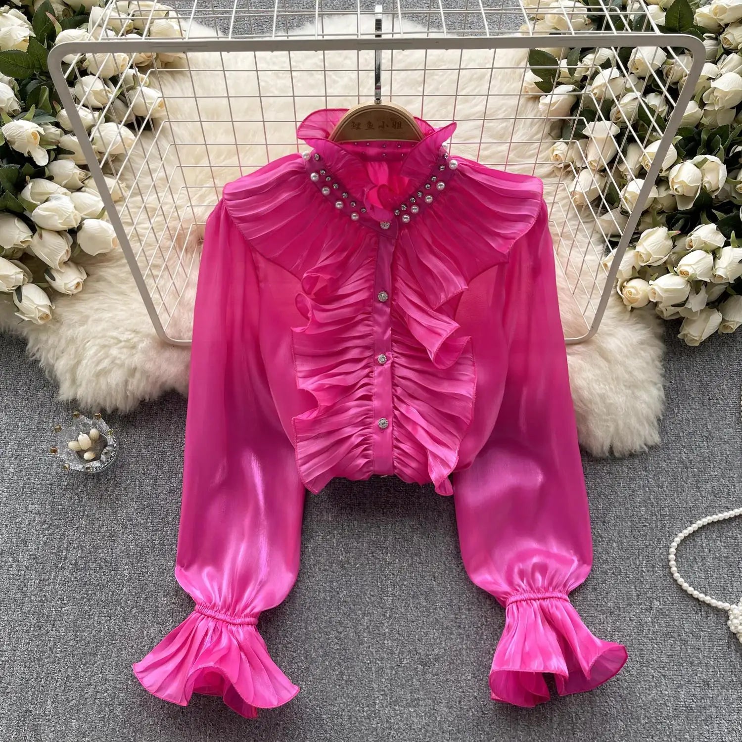 Korean Women Solid Elegant Ruffles Shirt Chic Long Sleeve Lace Ruffles Stand Collar Casual Loose Blouses Tops Autumn Vintage Y2k