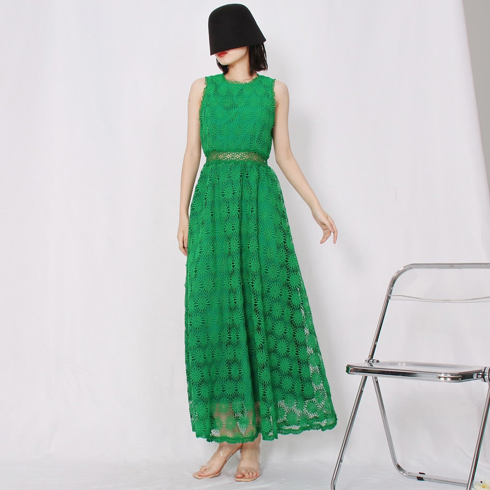 Vintage Embroidery Long Dress For Women Round Neck Sleeveless High Waist Cut Out Solid Midi Dresses Female Summer