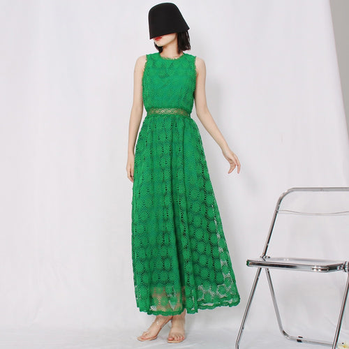 Load image into Gallery viewer, Vintage Embroidery Long Dress For Women Round Neck Sleeveless High Waist Cut Out Solid Midi Dresses Female Summer
