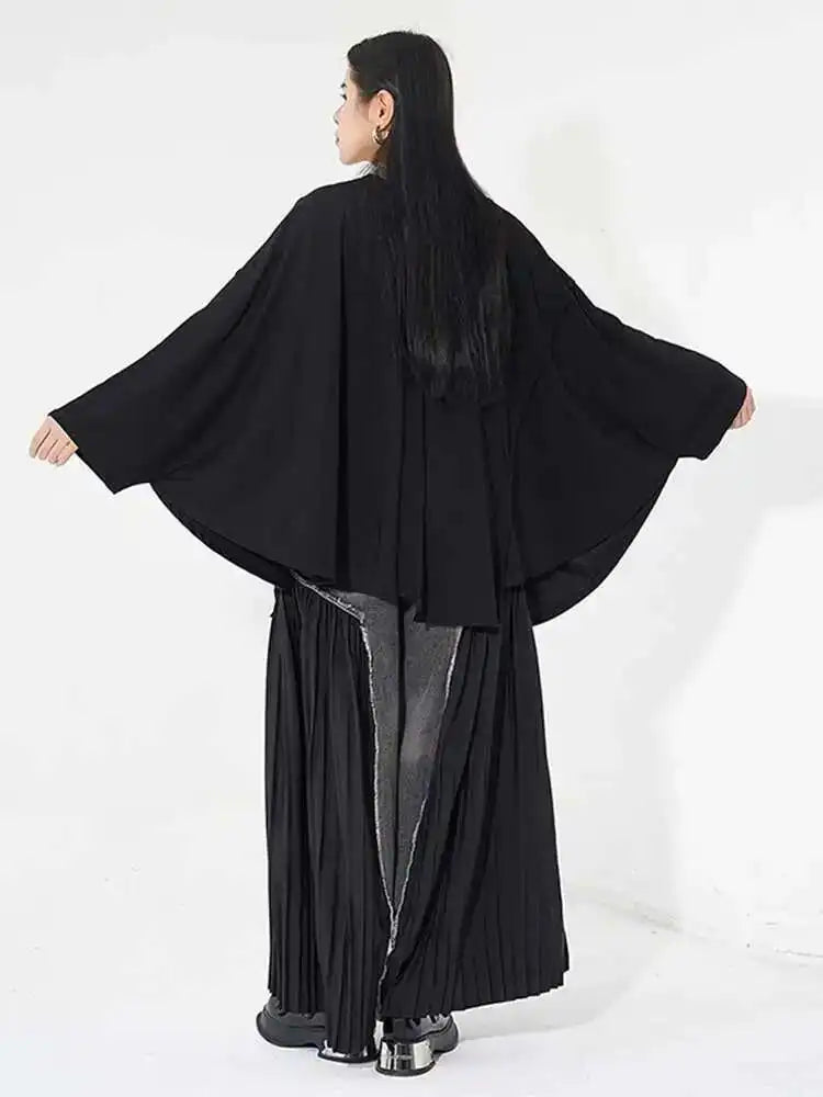 Women Black Big Size Brief Casual T-shirt New Round Neck Long Batwing Sleeve Fashion Tide Spring Autumn 2025 1DH5081