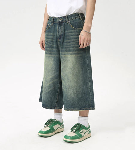 High Street Calf-Length Pants Denim Men's Shorts Straight Zipper Causal Wide Leg Male Trousers Chic Summer 8825