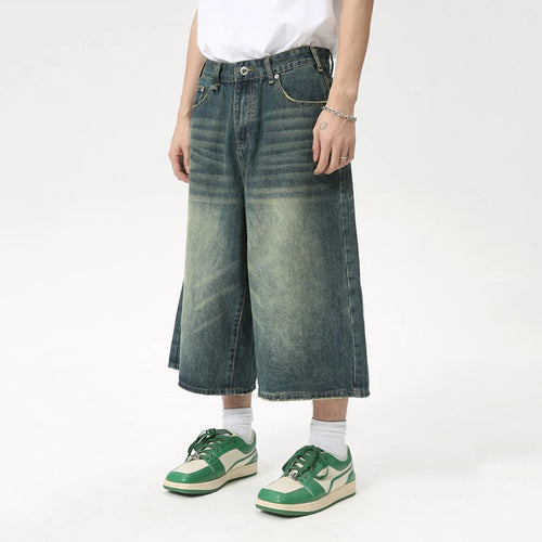 Load image into Gallery viewer, High Street Calf-Length Pants Denim Men&#39;s Shorts Straight Zipper Causal Wide Leg Male Trousers Chic Summer 8825
