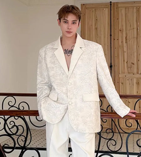 Male Blazer Doublelayer Threedimensional Relief Embroidered Lapel Deisgn Solid Color Single Breasted Suit Jacket 9W1487