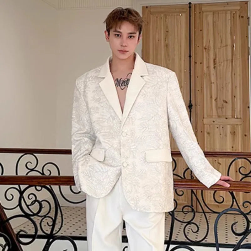 Male Blazer Doublelayer Threedimensional Relief Embroidered Lapel Deisgn Solid Color Single Breasted Suit Jacket 9W1487