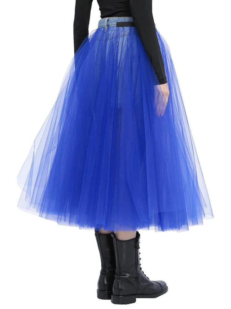 Minimalist Mesh Skirts For Women High Waist Patchwork Denim Hit Color Temperament Loose Skirt Female Fashion Autumn