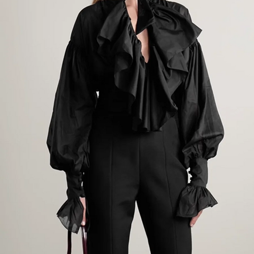 Load image into Gallery viewer, Solid Spliced Fungus Folds Elegant Blouses for Women V Neck Long Sleeves Temperament Blouse Female Fashion Clothing
