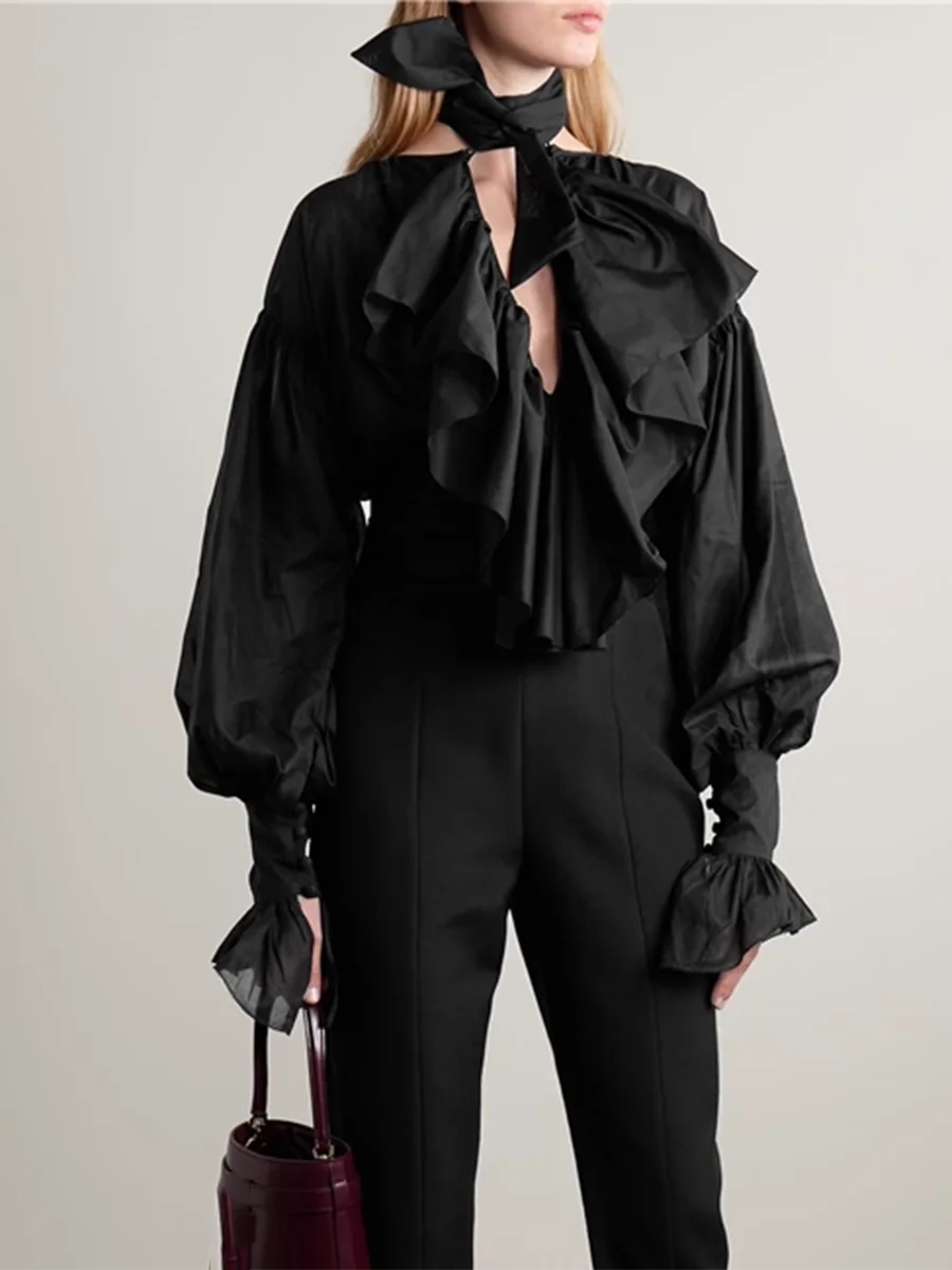 Solid Spliced Fungus Folds Elegant Blouses for Women V Neck Long Sleeves Temperament Blouse Female Fashion Clothing