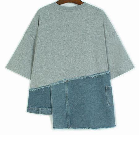 Women Green Denim Spliced Irregular Big Size T-shirt New Round Neck Short Sleeve Fashion Tide Spring Summer 2025 1DJ1175