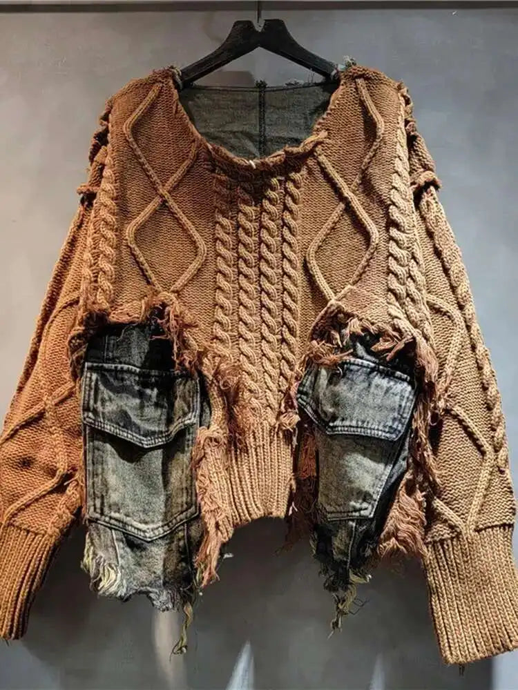 Orange Denim Big Size Knitting Sweater Round Neck Long Sleeve Women Pullovers New Fashion Tide Spring Autumn 2025 16U1329