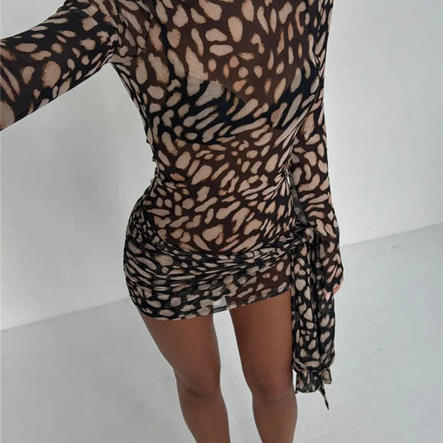 Load image into Gallery viewer, Mesh Leopard Print Sexy Mini Dress For Women Robe Fashion Turtleneck Draped Ruched High Waist Club Dress Vestido

