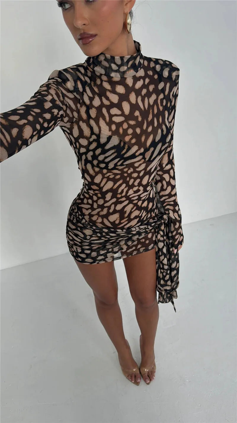 Mesh Leopard Print Sexy Mini Dress For Women Robe Fashion Turtleneck Draped Ruched High Waist Club Dress Vestido