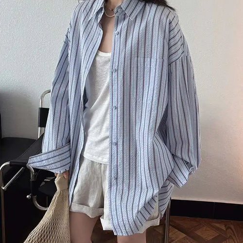 Load image into Gallery viewer, Women Apricot Striped Textured Big Size Long Blouse New Lapel Long Sleeve Shirt Fashion Tide Spring Autumn 2025  1DJ0598
