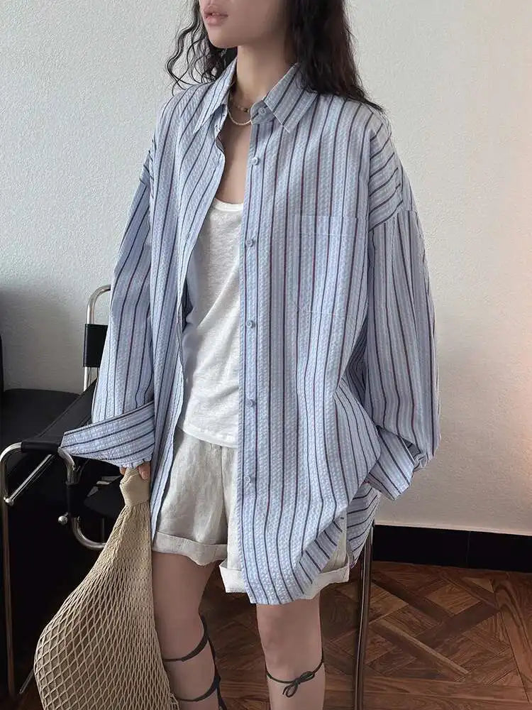 Women Apricot Striped Textured Big Size Long Blouse New Lapel Long Sleeve Shirt Fashion Tide Spring Autumn 2025  1DJ0598