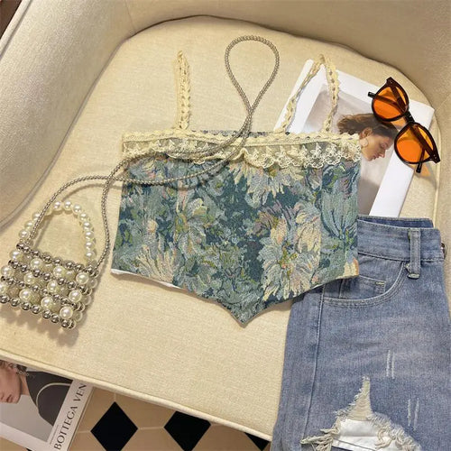 Load image into Gallery viewer, Retro Lace Painting Flower Print Tank Tops Summer Camisole Women's Elegant Slim Asymmetrical Short Slip Vest Sexy Club Y2k Boho
