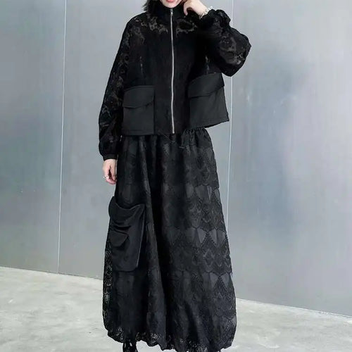 Load image into Gallery viewer, Black Lace Jacket Pocket Skirt Two Pieces Suit New Stand Collar Long Sleeve Women Fashion Tide Spring Autumn 2025 1DJ0248
