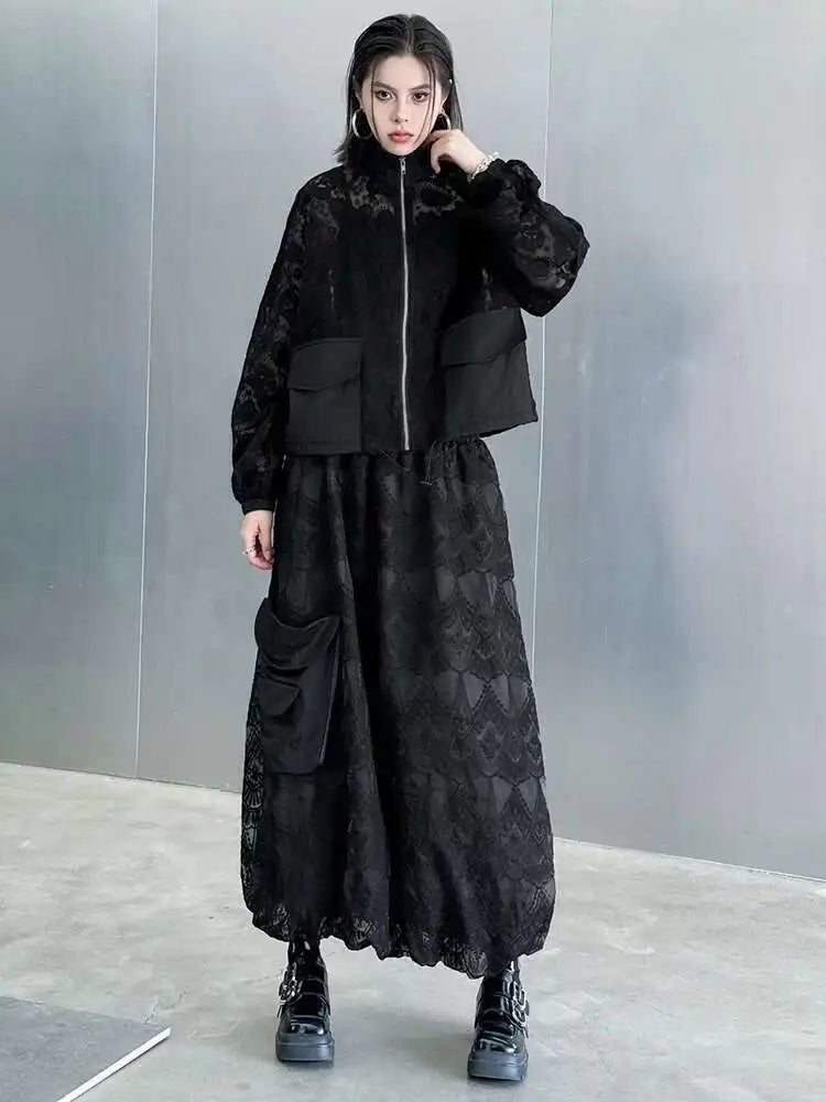 Black Lace Jacket Pocket Skirt Two Pieces Suit New Stand Collar Long Sleeve Women Fashion Tide Spring Autumn 2025 1DJ0248