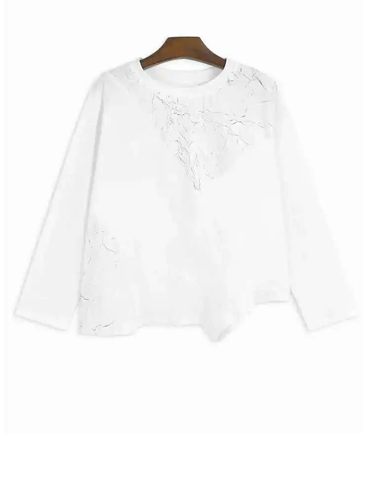 Women Black Irregular Wrinkled Big Size T-shirt New Round Neck Long Sleeve Fashion Tide Spring Autumn 2025 1DH6907