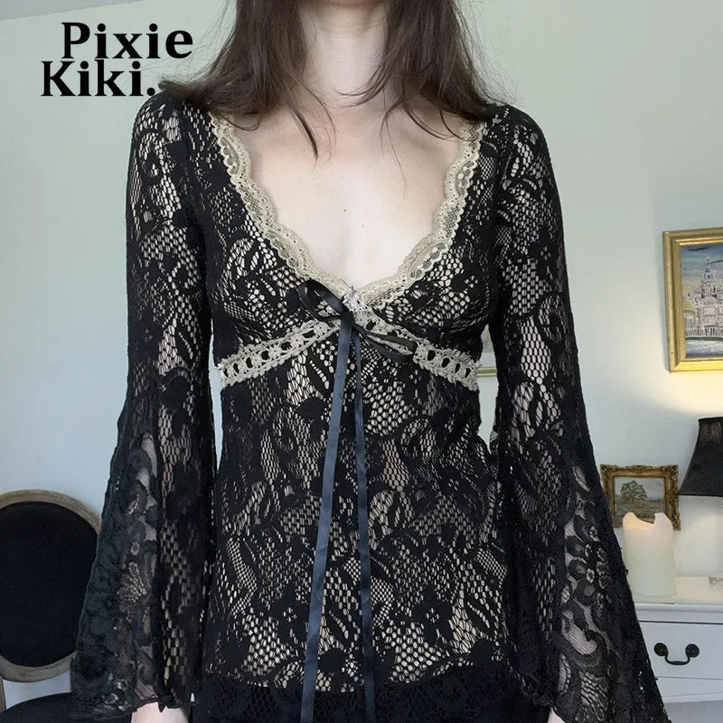 Lace Jacquard Black Shirts for Women Fall 2024 V Neck Flare Sleeve Tops Grunge Clothes Y2k 2000s P77-CG15