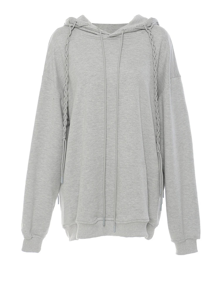 Gray Weave Design Casual Sweatshirt New Hooded Long Sleeve Women Big Size Fashion Tide Spring Autumn 2025 1DH5657