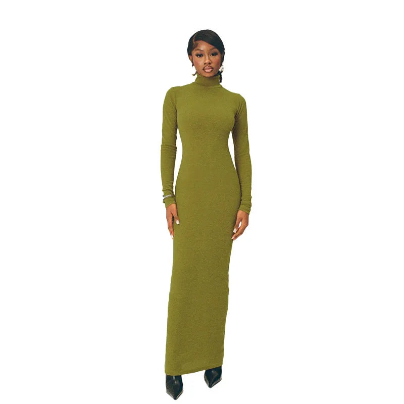 Turtleneck Long Sleeve Maxi Dress For Women Autumn New Elegant Solid Slim Fit High Waist Sexy Long Dress Ladies New