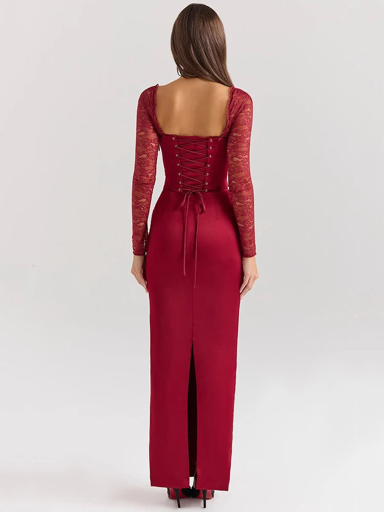 Backless Long Sleeve Sexy Maxi Dress For Women Solid Square Collar Lace-up Back Split Bodycon Club Long Dress Elegant