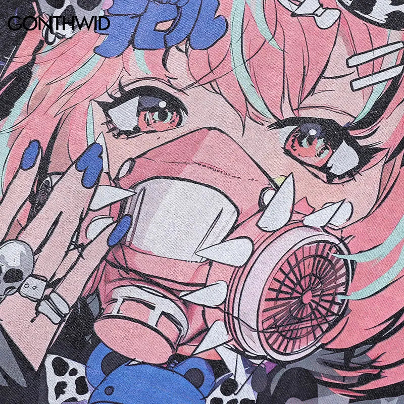 Vintage Black T-Shirt Harajuku Japanese Anime Cartoon Girl Skull Graphic Print Washed Tshirt 2024 Hip Hop Punk Loose Cotton Tops