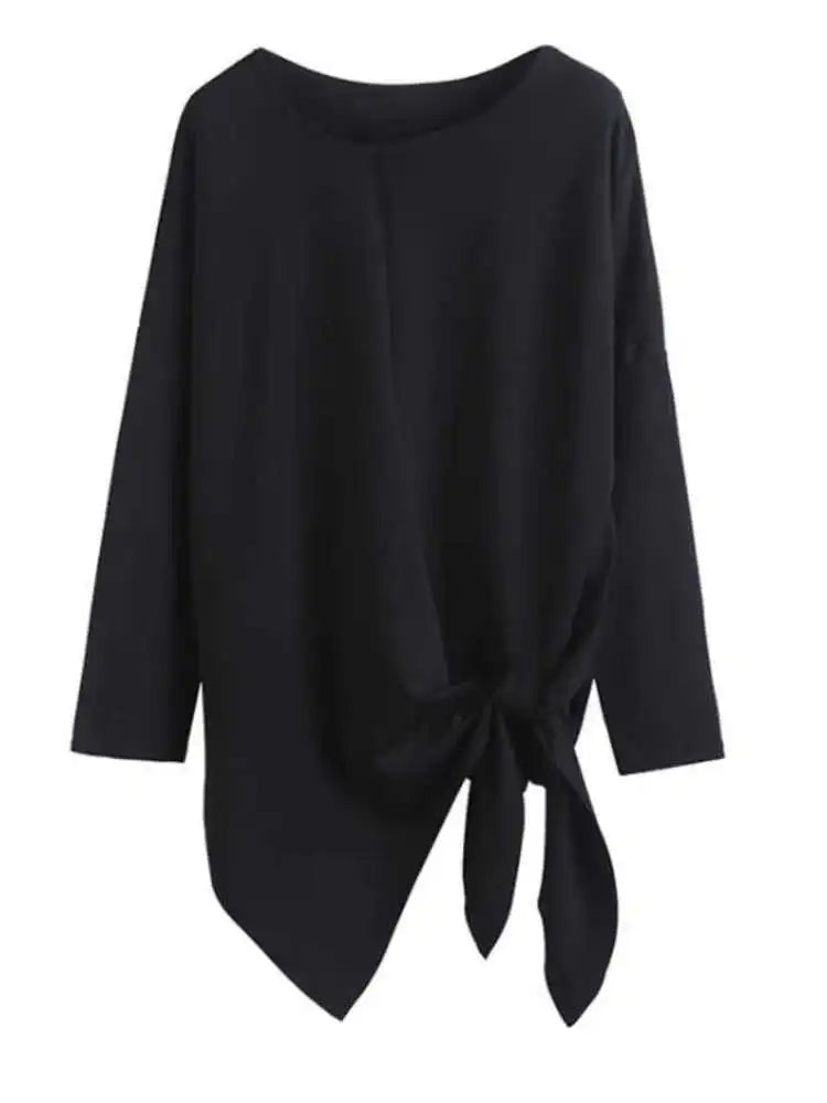 Women Black Bandage Bow Irregular Big Size T-shirt New Round Neck Long Sleeve  Fashion Tide  Spring Autumn 2025 1DC671