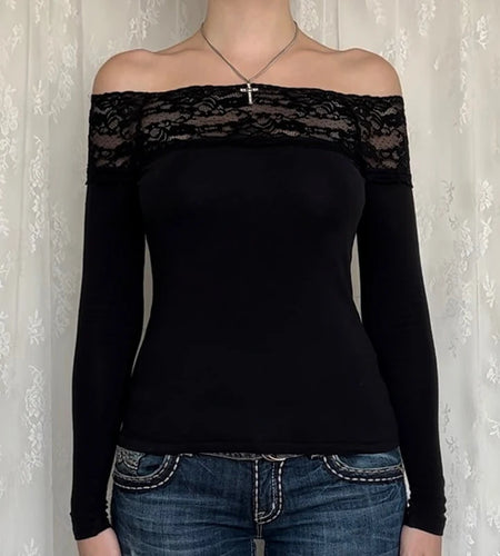 Vintage Fashion Black Skinny Autumn T-shirts for Women Lace Trim Basic Top Y2K Gothic Grunge Clothes Tee Shirts Knit