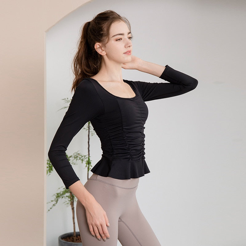 Seamless Solid Color Sports Shirts Ruched  Breathable Athletic Shirt Push-up Yoga Workout Running Jogging Crop Top Active Wear