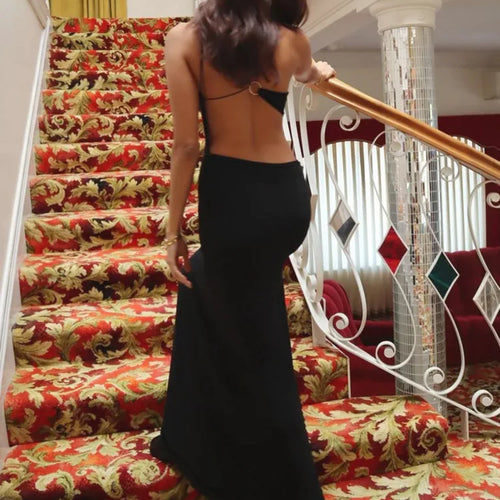 Load image into Gallery viewer, Skew Collar Backless Sexy Mini Dress For Women Gown Black Hollow Out Off-shoulder Sleeveless Bodycon Club Long Dress
