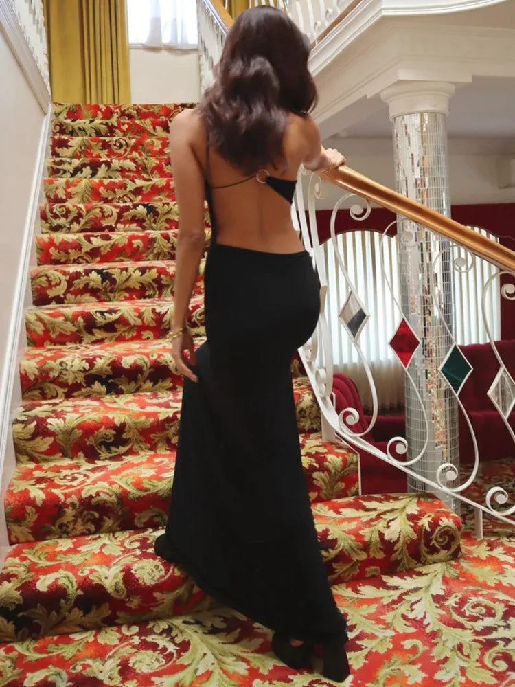 Skew Collar Backless Sexy Mini Dress For Women Gown Black Hollow Out Off-shoulder Sleeveless Bodycon Club Long Dress