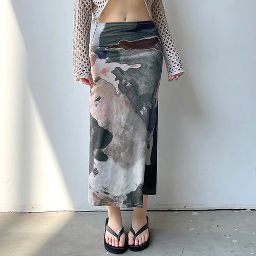 Load image into Gallery viewer, Vintage Graphic Printed Low Waist Long Skirt Y2K Aesthetic 2000s Harajuku Elegant Female Skirts Fairycore Outfits
