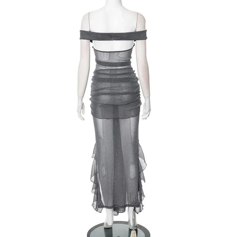 Mesh See Through Ruffled Sexy Maxi Dress For Women Gown Gray Off-shoulder Strapless Backless Ruched Long Dress Vestido