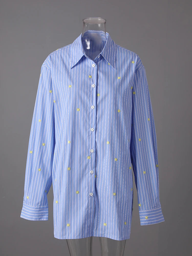 Women Blue Striped Dot Big Size Elegant Blouse New Lapel Long Sleeve Shirt Fashion Tide Spring Autumn 2025 CPG3310