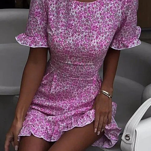 Load image into Gallery viewer, Short Ruffle Sleeve Floral Dress For Women Fashion O Neck High Waist A-line Loose Backless Sexy Mini Dress Elegant
