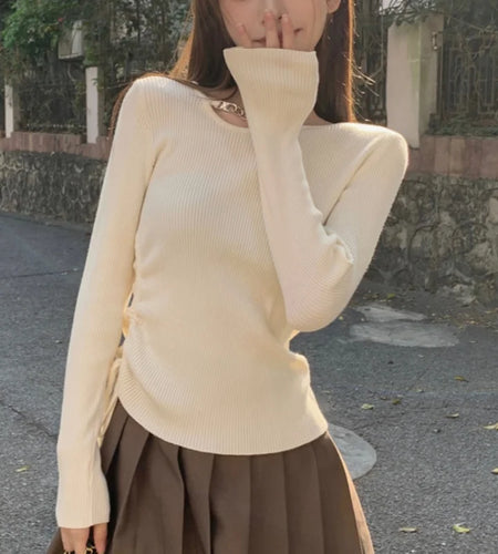 y2k Aesthetic Tops Women Clothes Solid Color Metal Chain Decor Round Neck Long Sleeve Knitted T Shirts 2000s Streetwear