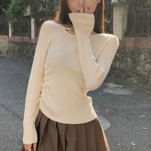 Load image into Gallery viewer, y2k Aesthetic Tops Women Clothes Solid Color Metal Chain Decor Round Neck Long Sleeve Knitted T Shirts 2000s Streetwear
