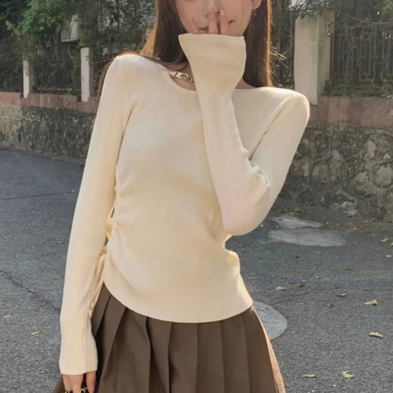 y2k Aesthetic Tops Women Clothes Solid Color Metal Chain Decor Round Neck Long Sleeve Knitted T Shirts 2000s Streetwear