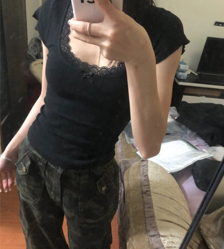 2025 Y2k Aesthetic Lace Patchwork Crop Top Streetwear Harajuku Women Vintage U Neck T-shirt Streetwear Bow Bottoming Grunge Tees